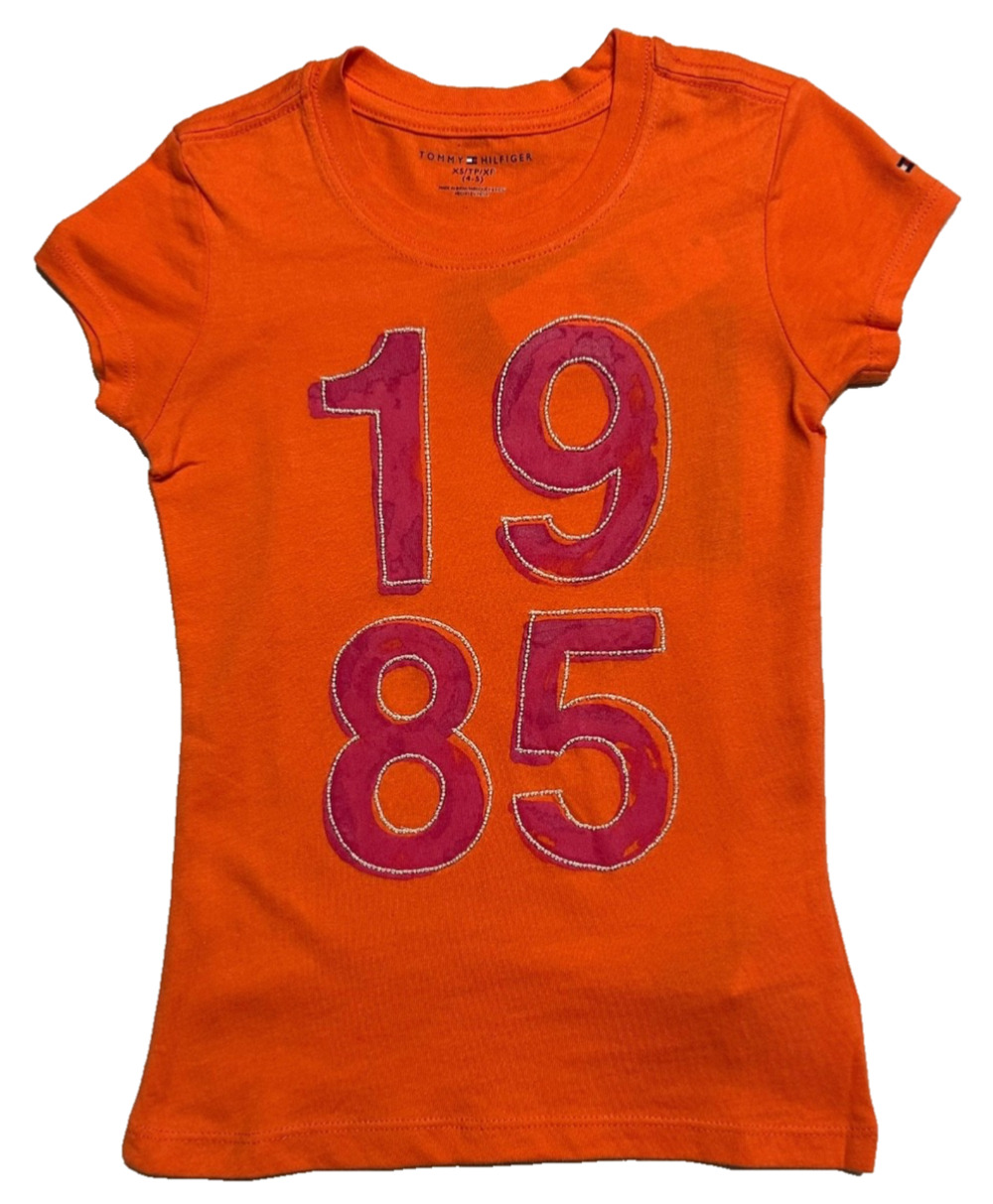 Tommy Hilfiger Big Girls Orange Crew Neck Graphic Tee Vintage Size XS 4 - 5 NWT